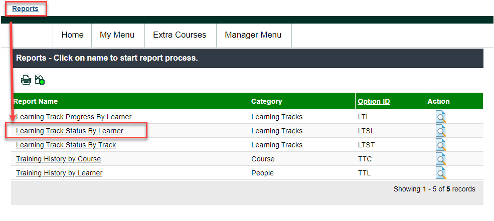 Ability system screenshot selecting Learning Track Status by Learner report
