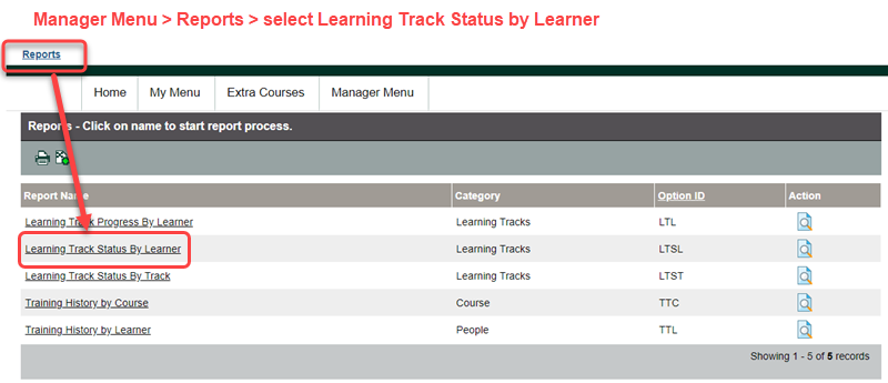 Ability LMS screenshot showing steps to run a manager compliance report