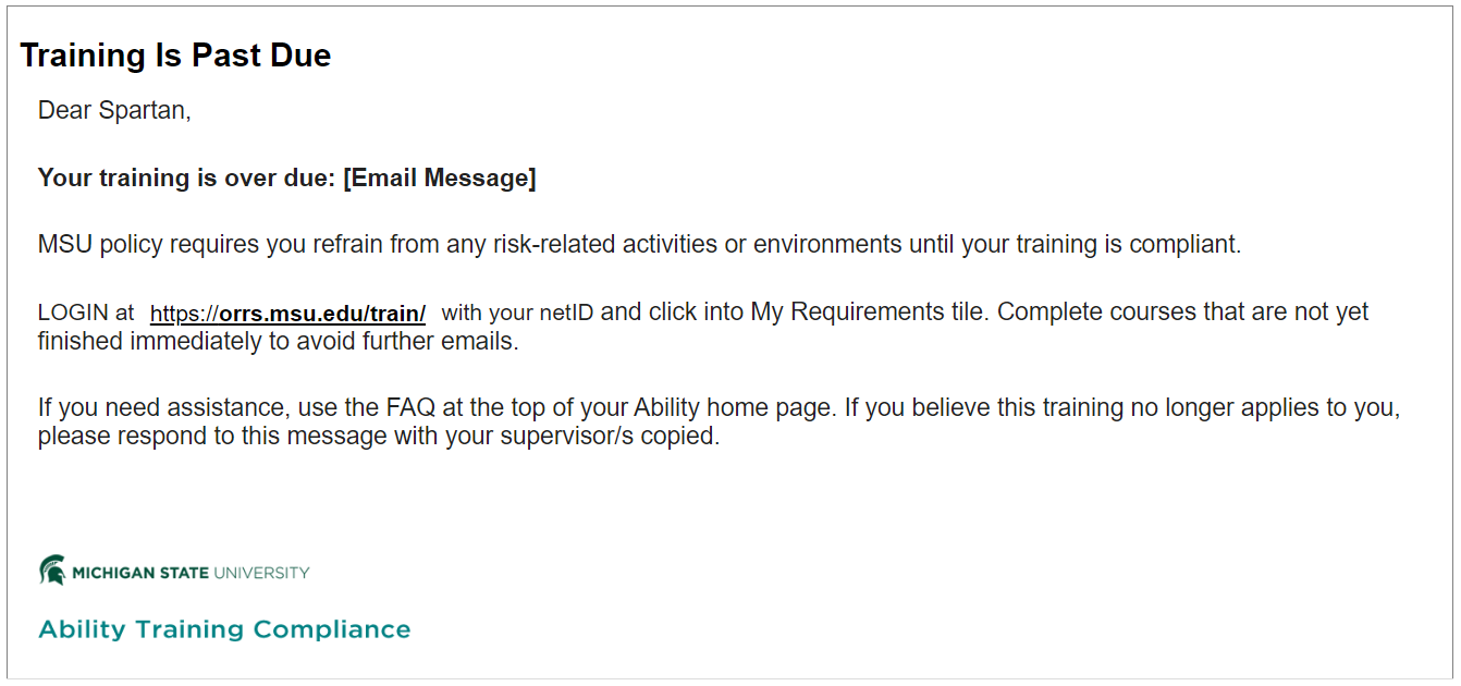 screenshot of Ability course overdue email language