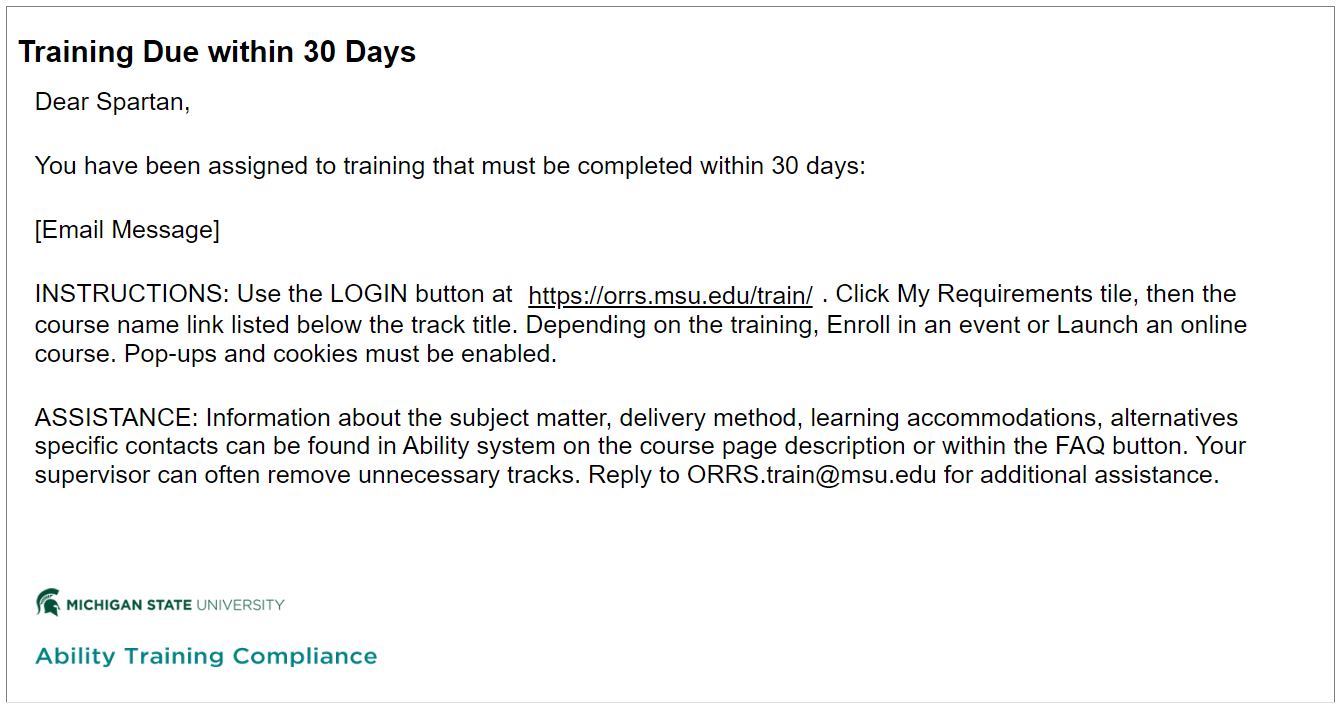 screenshot of Ability course due email language