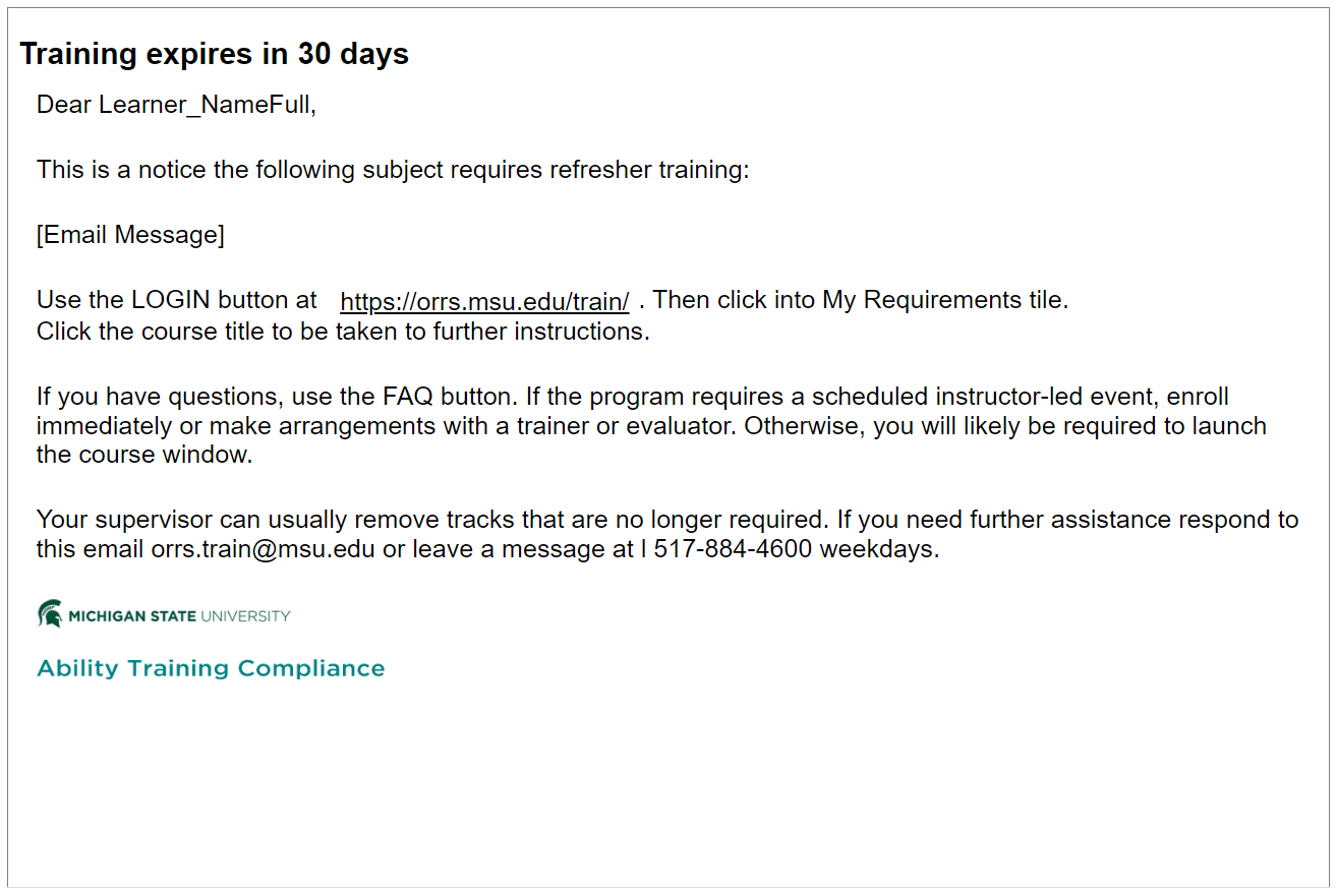 screenshot of Ability course expiring email language