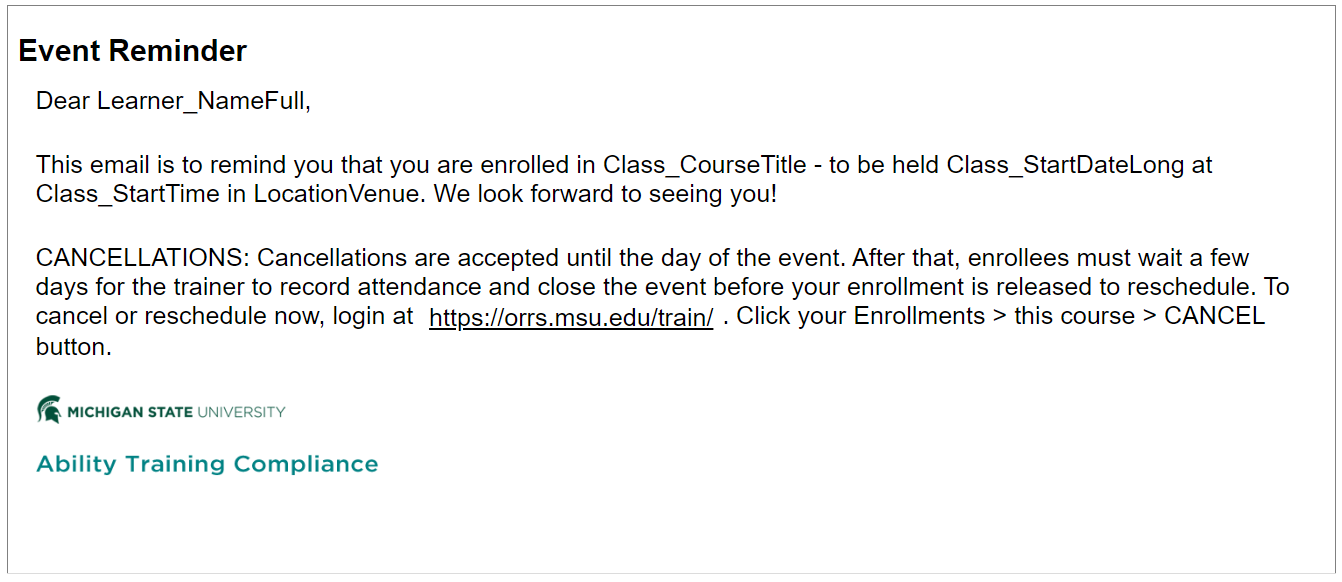 screenshot of Ability instructor-led class enrollment reminder email language