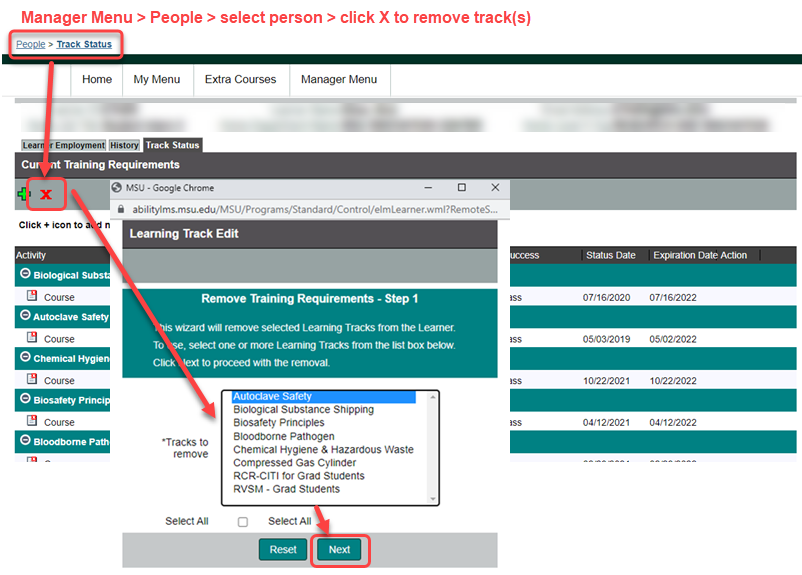 Screenshot from Ability LMS showing steps for removing a track assignment