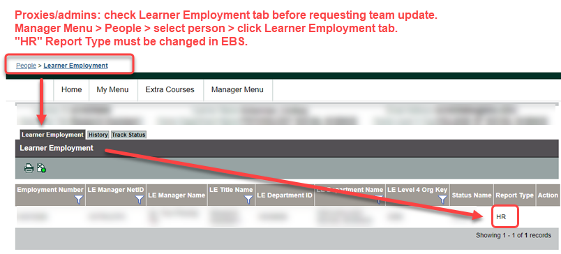 Screenshot from Ability LMS showing a team member's Learner Employment information