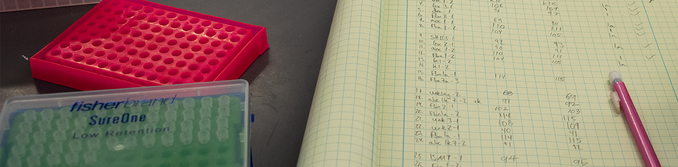 Lab bench with lab notebook